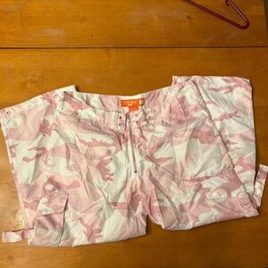 Y2K Pink Camo Crop Pants Exposed Zipper Cargo Pockets